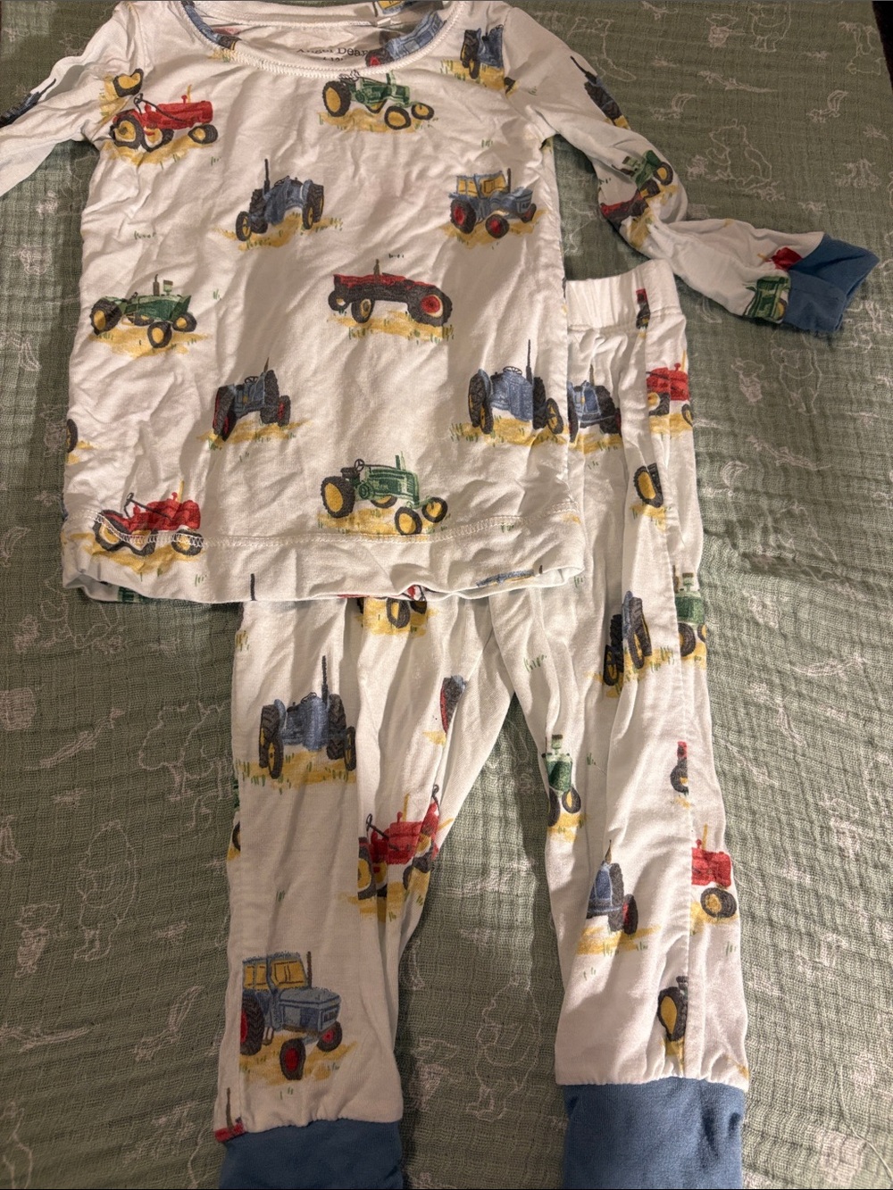 Angel Dear White Pajama Set with Multicolor Tractor Print